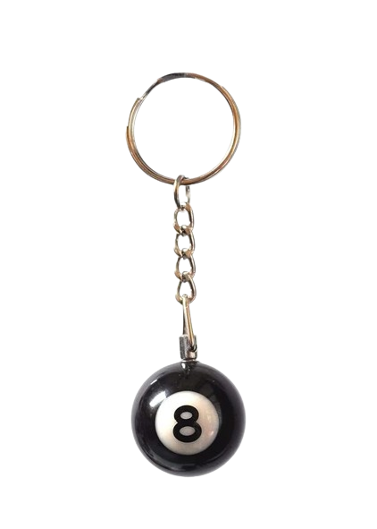 A keychain with a black 8 ball charm.